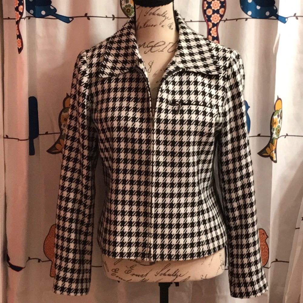 VINTAGE HAGGAR TIMELESS BLACK/WHITE HOUNDSTOOTH PATTERN ZIP FRONT JACKET SIZE 8